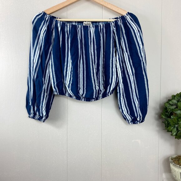 Show Me Your Mumu Navy Blue and White Striped Off Sleeve Crop Top Size X-Small - Picture 7 of 7